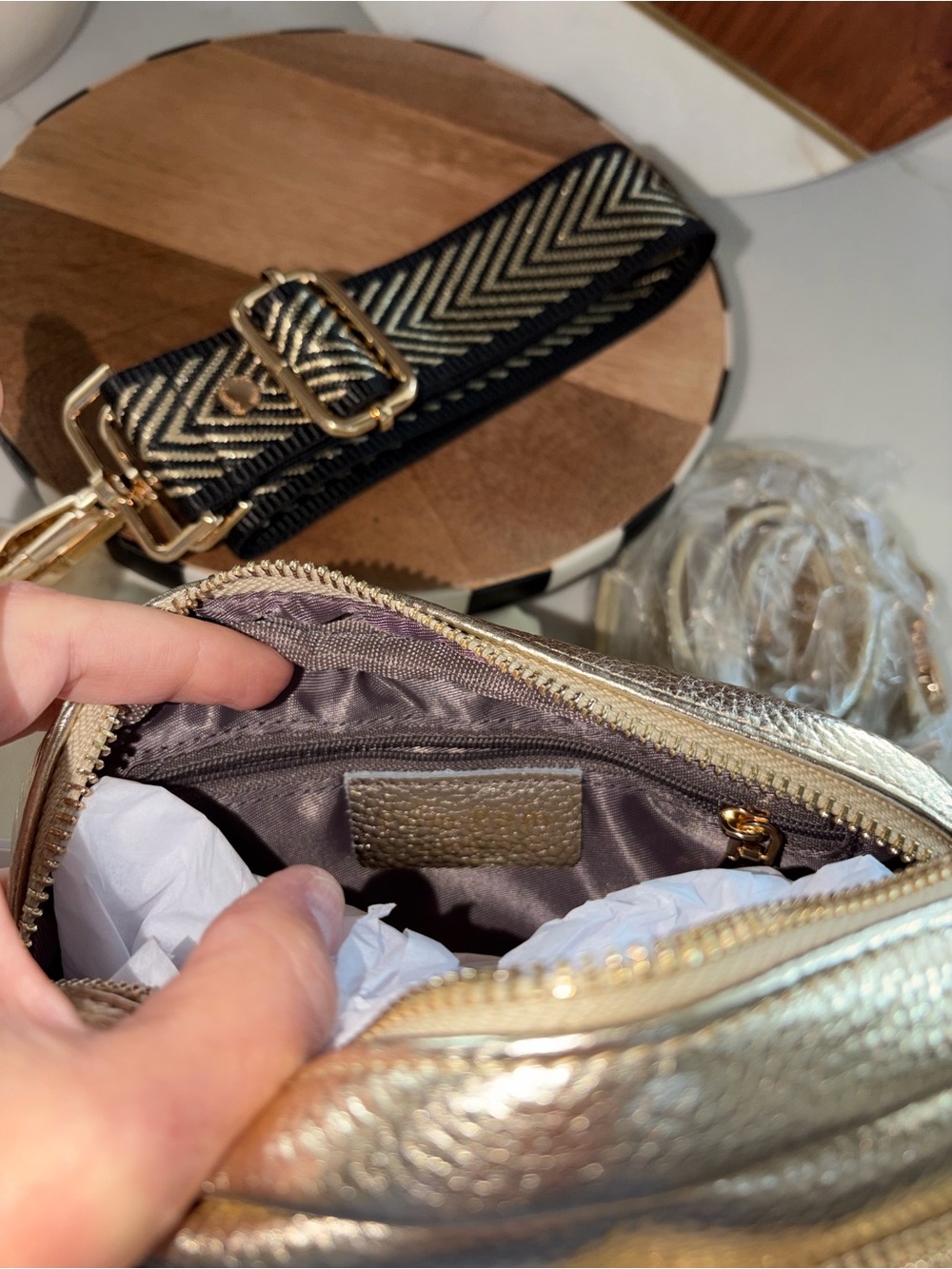 Pom Pom London metallic gold original Crossbody Bag purse bundle NWT - Picture 7 of 7